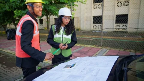 Co workers reviewing building map on a car Stock Footage 295523267