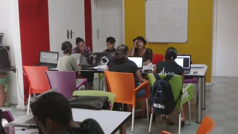 Co-workers at RLabs, a social enterprise educating street kids in Cape Town Stock Footage 75417661