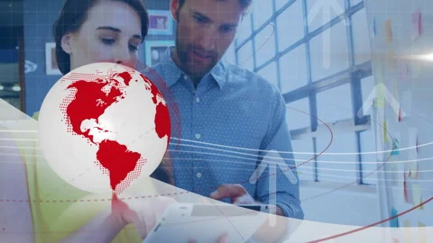 Co-workers tapping tablet in tech office globe animation rotating and fading Stock-Footage 312829574