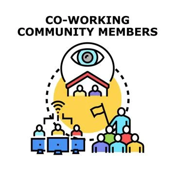 Co working community members working together Illustrazione stock