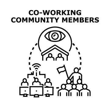 Co working community members working together Illustrazione stock