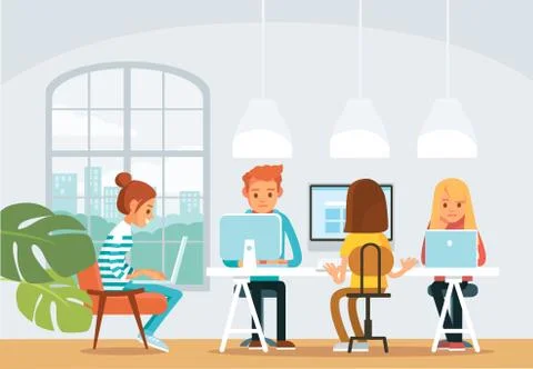 Co working office interior with creative working people. Stock Illustration