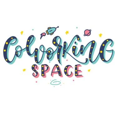 Co working space, colored vector illustration with text rocket and stars. Stock Illustration