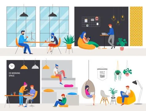Co-working space, concept illustration. Young people working on laptops and Stock Illustration