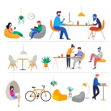 Co-working space, concept illustration. Young people working on laptops and Stock Illustration