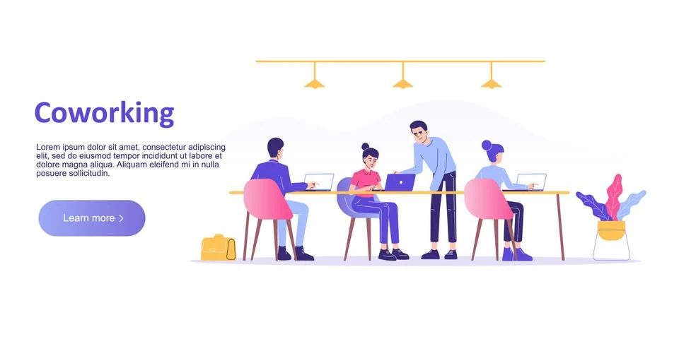 Co-working space concept. Young people working with laptops on shared modern  Stock Illustration