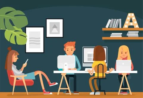 Co working space office interior with creative working people in public place Stock Illustration