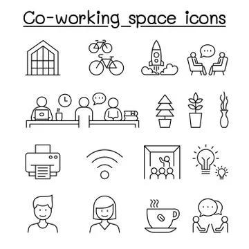 Co-working space &amp; Startup icons set in thin line style Illustrazione stock