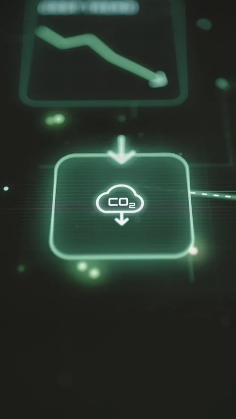 CO2 cloud and descending arrow appear inside a bright rounded control Stock Footage 343370658