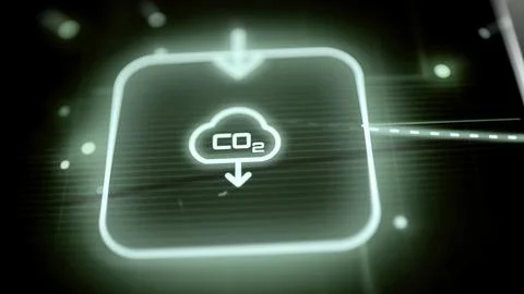 CO2 cloud and small descending arrow sit inside a bright rounded control frame 库存照片