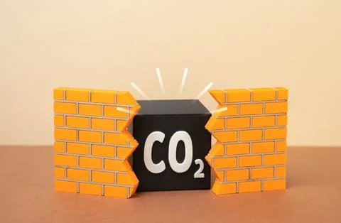 CO2 cube breaks through a brick wall. Exposing emissions abuse and environm.. Stock Photos