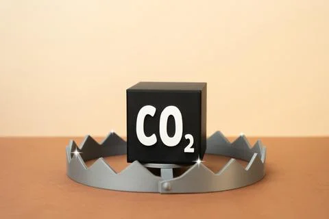 CO2 cube trapped in a trap. Greenhouse gas trap. Environmental protection and Stock Photos