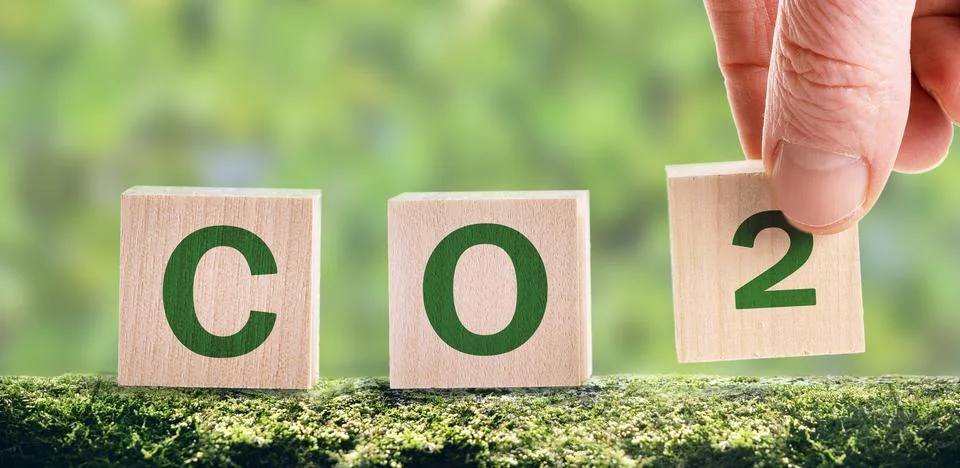 CO2 cubes on a green background, the concept of energy saving and emission Foto stock