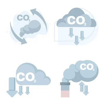 CO2 emission icon set with cloud and arrows showing increase and decrease Stock Illustration