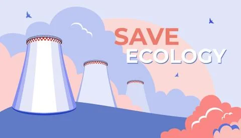 Co2 emission pollution vector illustration. Smoking cooling tower, factory fo Stock Illustration