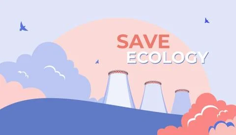 Co2 emission pollution vector illustration. Smoking cooling tower, factory fo Stock Illustration