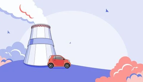 Co2 emission pollution vector illustration. Smoking cooling tower, factory fo Stock Illustration