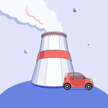 Co2 emission pollution vector illustration. Smoking cooling tower, factory fo Illustrazione stock