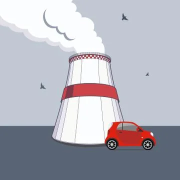 Co2 emission pollution vector illustration. Smoking cooling tower, factory fo Stock Illustration