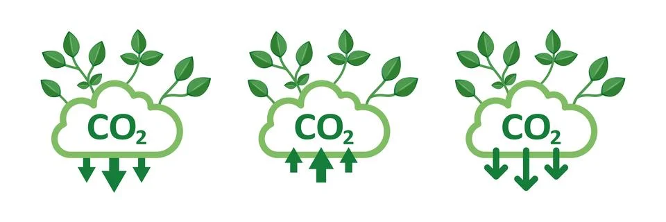 CO2 emissions icon set collection in flat style. Cloud co2 reduction with p.. Stock Illustration