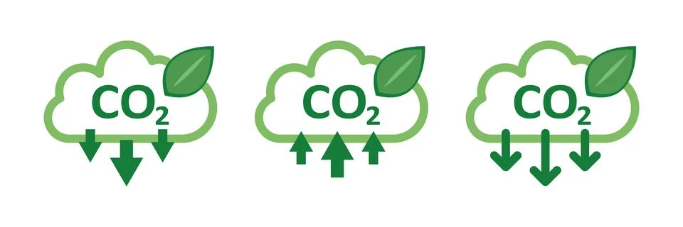 CO2 emissions icon set collection in flat style. Cloud co2 reduction with p.. Stock Illustration