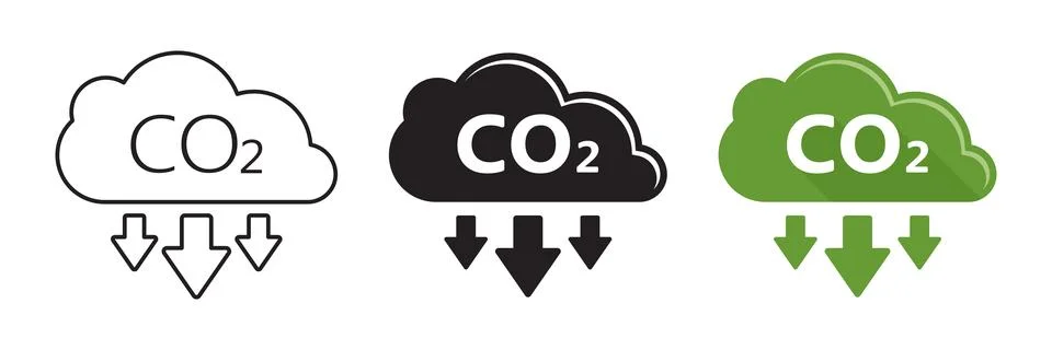 CO2 emissions icon set collection in flat style. Cloud co2 reduction vector.. Stock Illustration