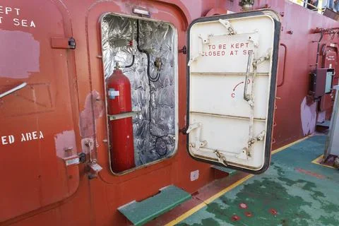 CO2 firefighting system in forecastle of bulk carrier ship Stock-Fotos