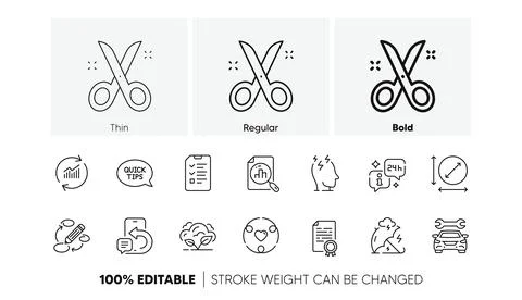 Co2 gas, Update data and Scissors line icons. For web app, printing. Line icons Illustrazione stock