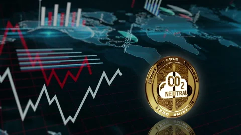 CO2 Neutral and eco friendly golden rotating coin on chart loop Stock Footage 297222436