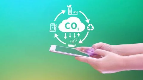CO2 reducing icon using smartphone for decrease CO2, carbon footprint and c.. Stock Photos