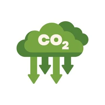 Co2 reduction, green cloud symbol with downward arrows representing lowerin.. Illustrazione stock