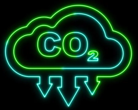 CO2 Reduction Icon in Neon Lights against a dark background. Stock-Illustration