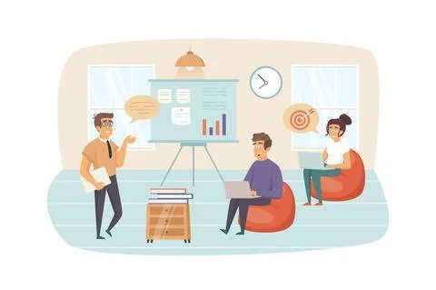Coach brainstorming with employees, increases work motivation at business tra Stock Illustration