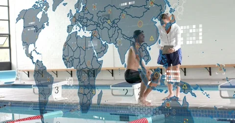 Coach bringing up swim performance stats on tablet starting world map overlay Stock Footage 316984064
