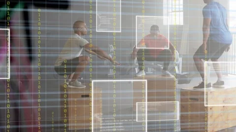 On coach cue three trainees performing plyometric box jumps in sync, landing, Stock Footage 333169798
