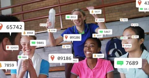 Coach gesturing, badges appearing and multiplying, team cheering, reacting, Stock Photos
