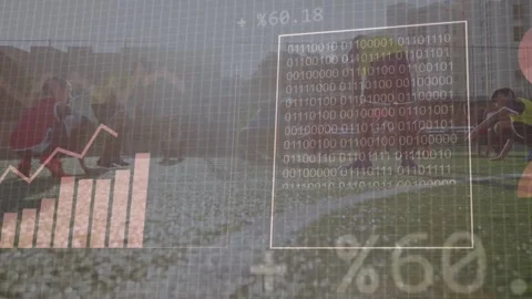 Coach gesturing while team doing training drills on turf, HUD data showing Stock Footage 333790123