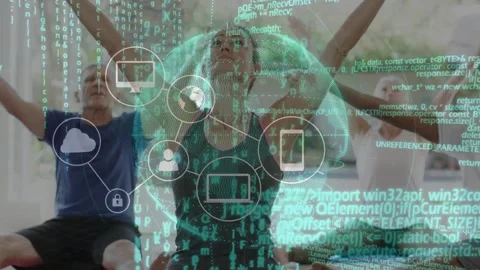 Coach lifting arms, group copying, globe expanding with code, device icons Stock Footage 334013707