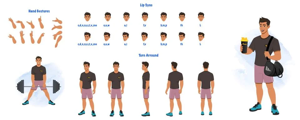 A coach model sheet. creation set. Male trainer turnaround sheet, hand gestures Stock Illustration