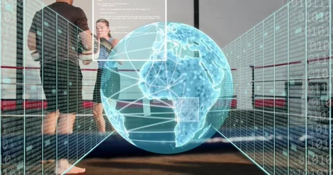Coach raising mitts while boxer punching, AR globe growing then shrinking over Stock Footage 321845191