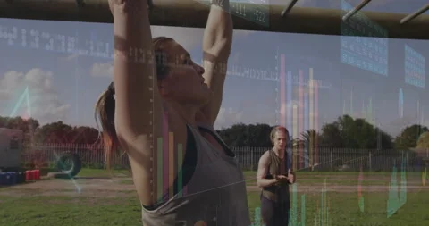 Coach signaling athlete on monkey bars, athlete swinging under transparent Stock-Footage 310743544