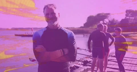 Coach standing on dock, crew adjusting oars starting rowing launch while magenta Stock Footage 330756583