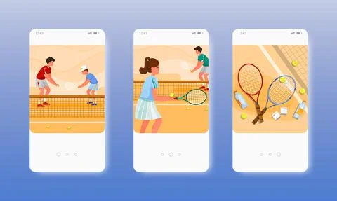Coach teaching kids to play tennis on the court. Mobile app screens, vector Stock Illustration