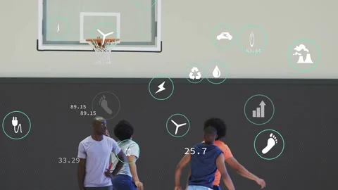 Coach watching while player shooting HUD icons tracking practice stats and team Stock Footage 333553000