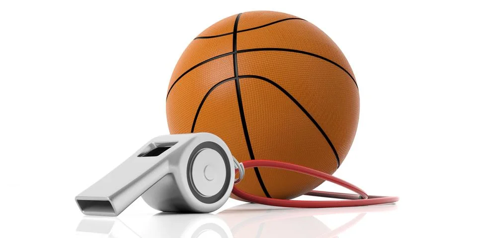 Coach whistle with red string and basketball ball isolated on white backgroun Stock Illustration