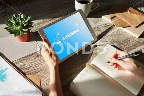 Coaching and mentoring concept on screen. Self development and personal growth. Stock Photos
