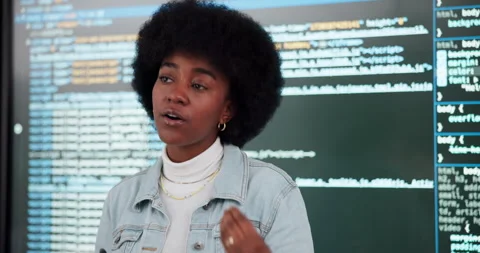 Coaching, coding and presentation with black woman in office of web development Stock Footage 280957807