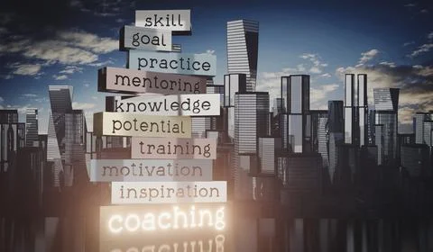 Coaching concept - block shapes and skyscrapers - 3D illustration Stock Illustration