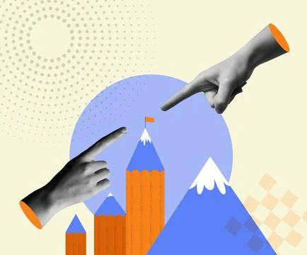 Coaching concept, human hands and flag in mountain in retro collage vector .. Stock Illustration