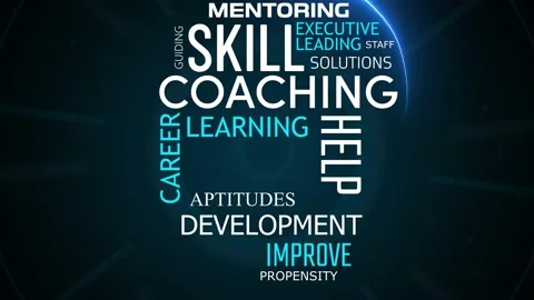 Coaching development training tag cloud video with neon line draw head borde Stock Footage 236579958
